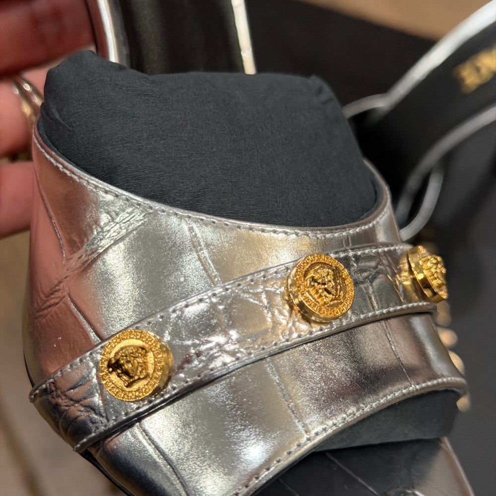 Versace Silver Metallic Leather High Heel Mules with Gold Medallions - Picture 3 of 13